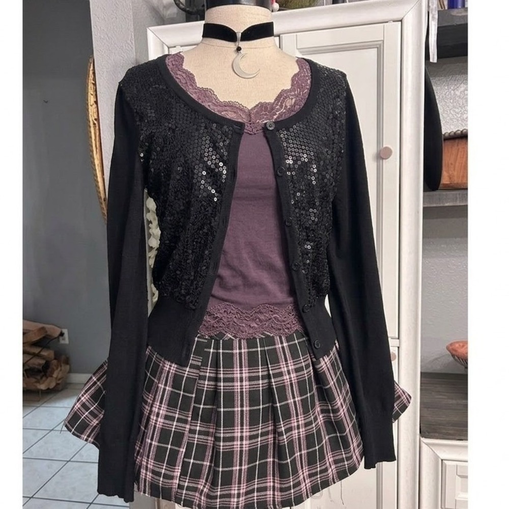 y2k glam Black Sequin Cardigan Sweater Large Fitted Stretchy